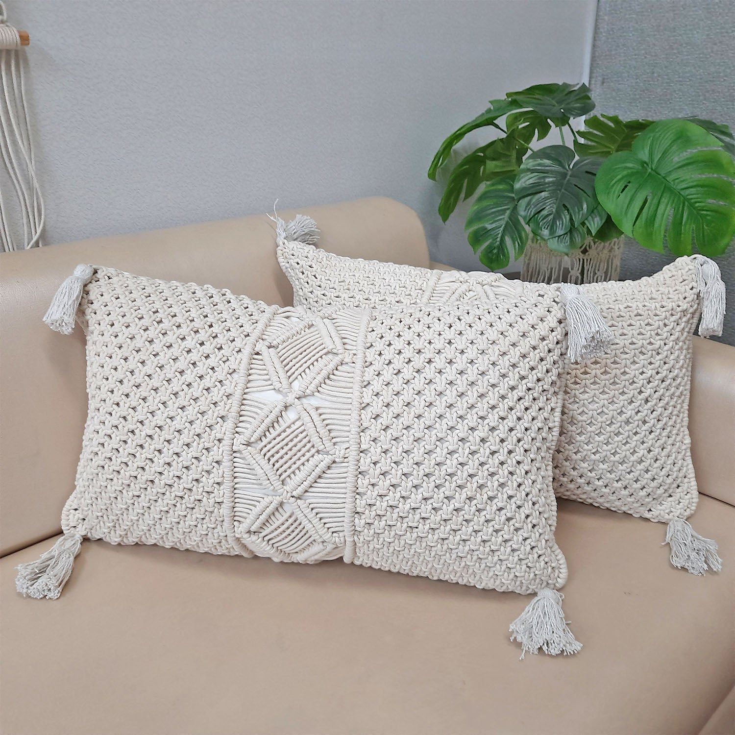 Bohemian Style Hand Knotted Macrame Cushion Covers 100 Bleached Cotto Loomkart