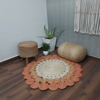 Avioni Braided Round Shaped Flower Look Rug In Pinkish Shade- 120 cms (4 Feet)