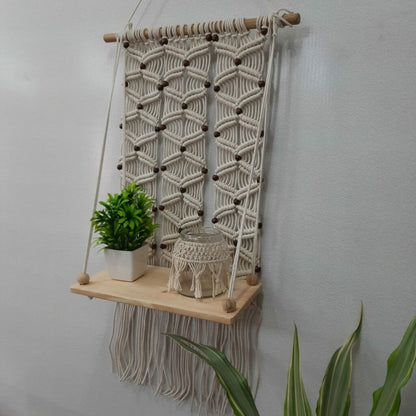 Avioni Home Boho Collection – Hand Knotted Macrame Hanging Single Shelf With Pine Wood Shelf