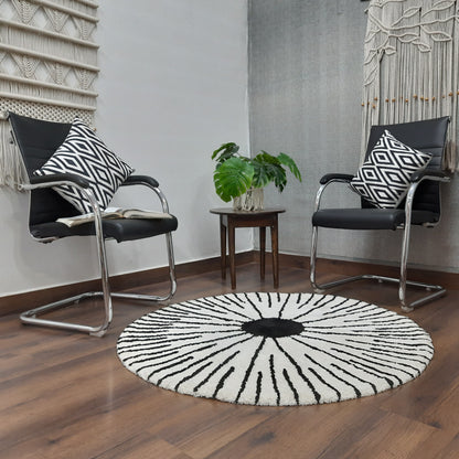 Avioni Home Atlas Collection - Moroccan Style Microfiber Round Carpet In White & Black| Soft, Non-Slip, Easy to Clean