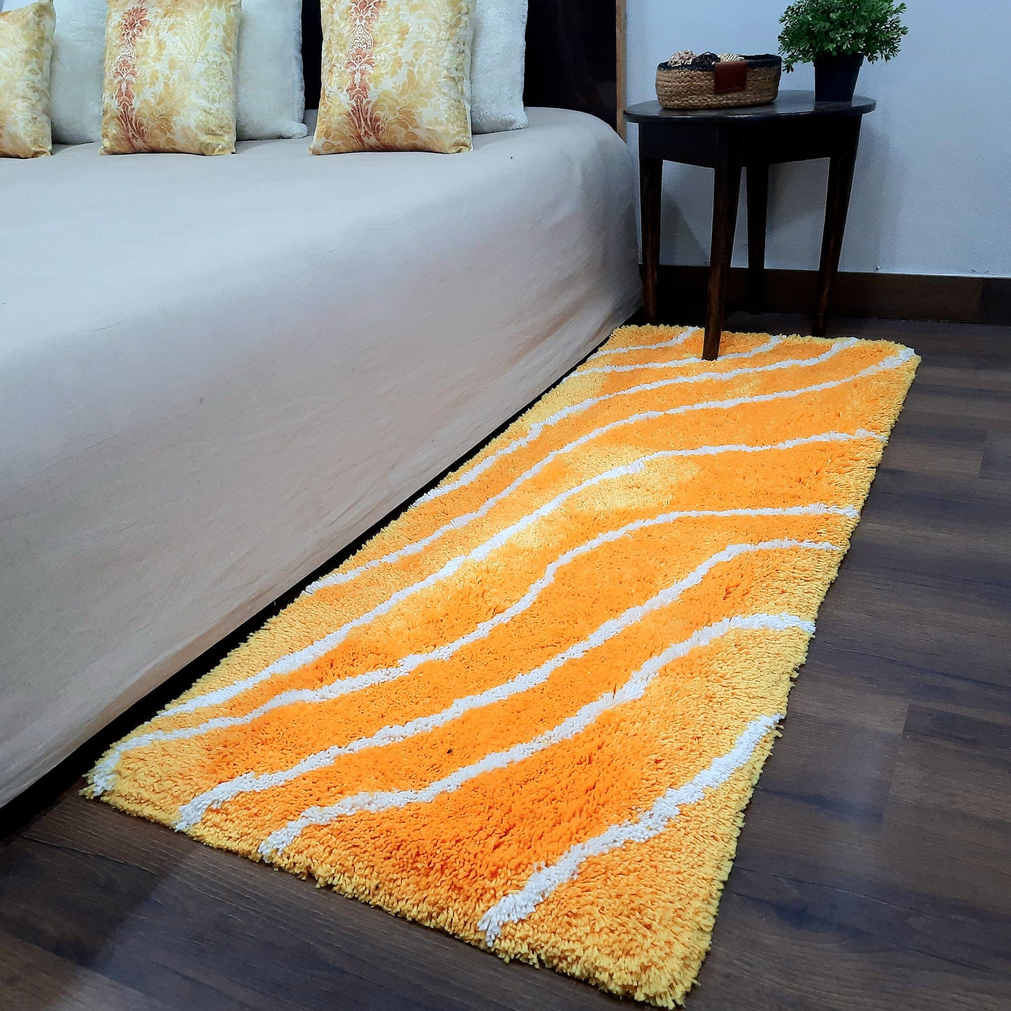 Premium Plush Shaggy Yellow Carpet With White Wave Design /Bedside Runners by Avioni Home