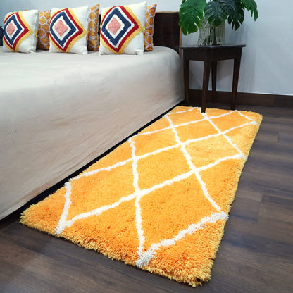 Plush Premium Shaggy Yellow Carpet With White Moroccan Design /Bedside Runners by Avioni Home