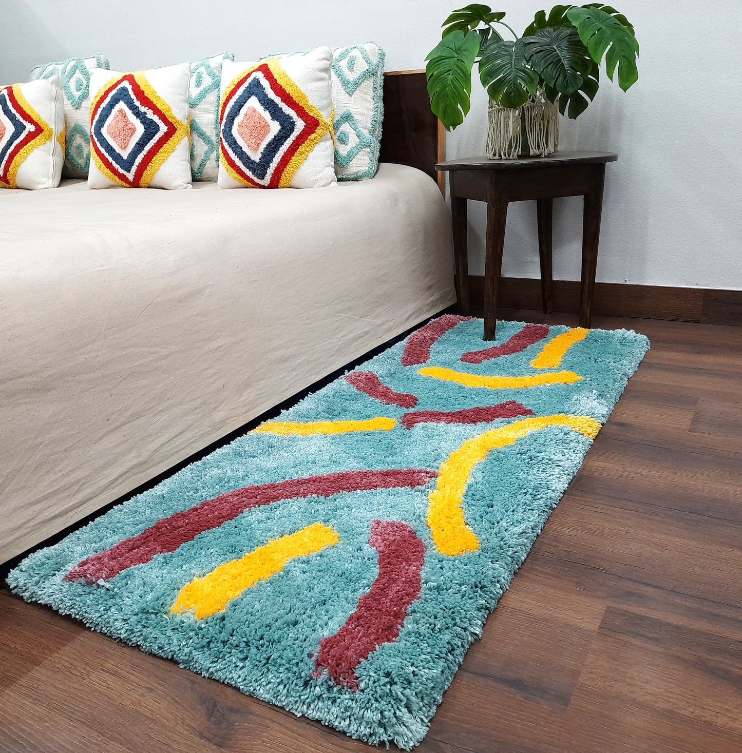 Plush Premium Shaggy Aqua Blue Base & Multi Colour With Modern Design /Bedside Runners by Avioni Home