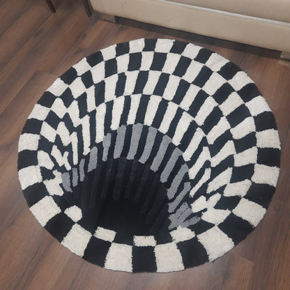 Avioni Home Vortex 3D Illusion Soft Plush Micro Yarn Round Carpet In Black & White| Soft, Non-Slip, Easy to Clean