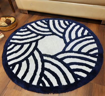 Avioni Home Modern Design Micro Soft Fluffy Designer Round Carpet In Navy Blue & White| Soft, Non-Slip, Easy to Clean