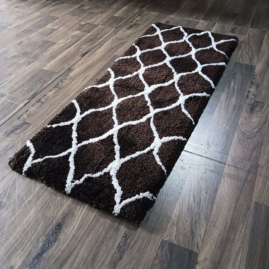 Plush Soft Washable Shaggy Coffee Carpet With White Moroccan Design /Bedside Runners by Avioni Home