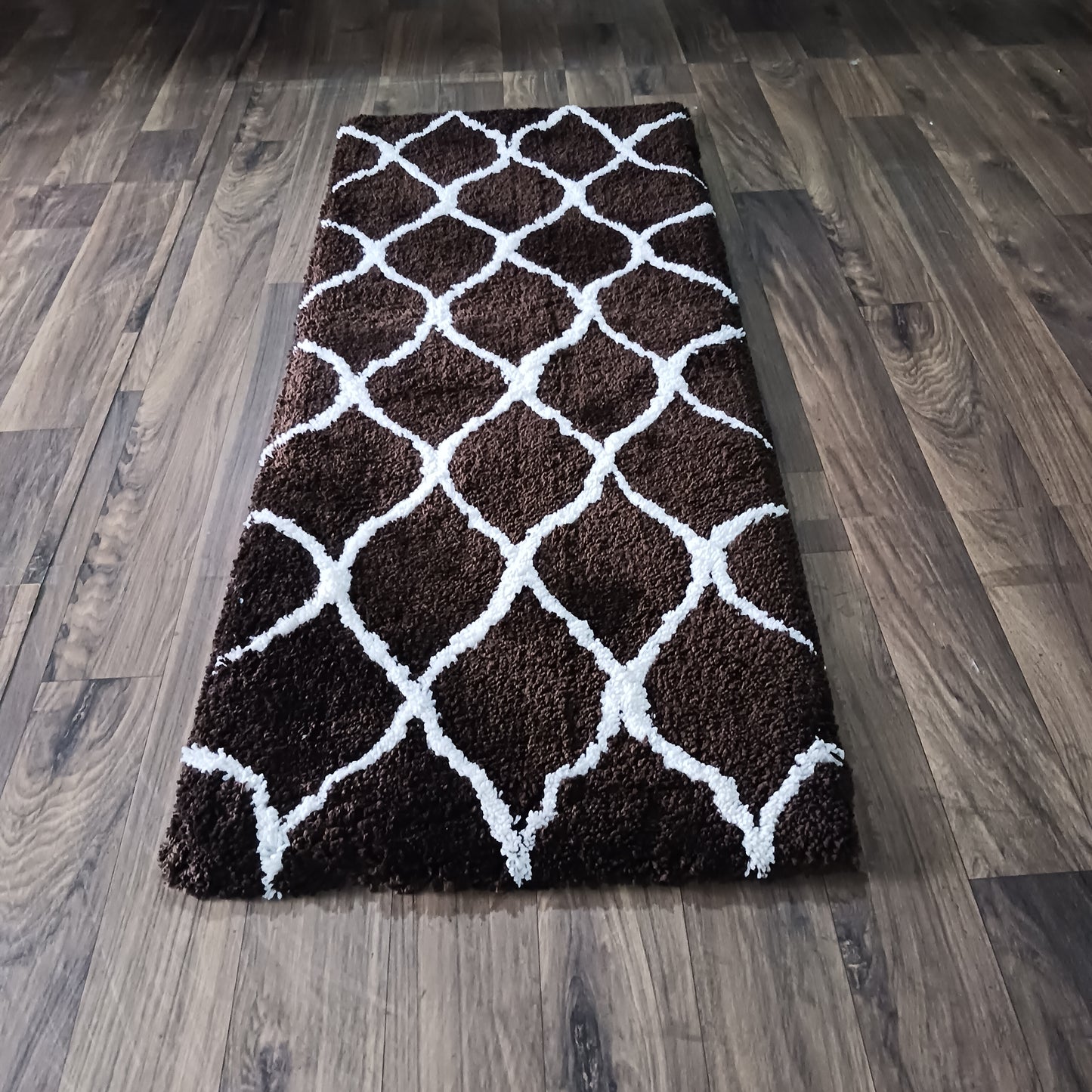 Plush Soft Washable Shaggy Coffee Carpet With White Moroccan Design /Bedside Runners by Avioni Home