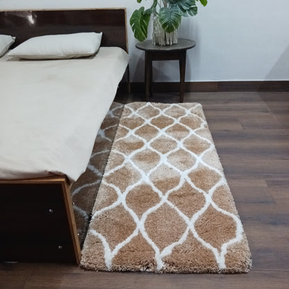 Plush Soft Washable Shaggy Beige Carpet With White Moroccan Design /Bedside Runners by Avioni Home