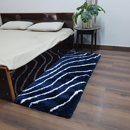 Handloom Shaggy Navy Carpet With White Wave Design /Bedside Runners by Avioni Home