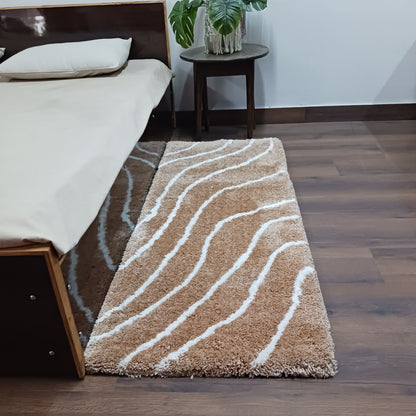 Handloom Shaggy Beige Carpet With White Wave Design /Bedside Runners by Avioni Home