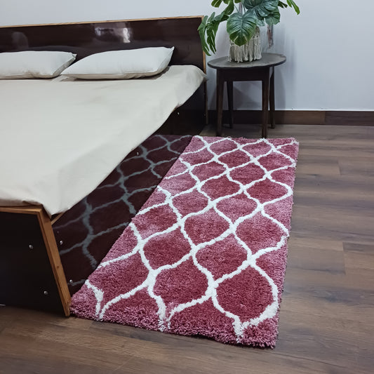 Plush Soft Washable Shaggy Wine Color Carpet With White Moroccan Design /Bedside Runners by Avioni Home