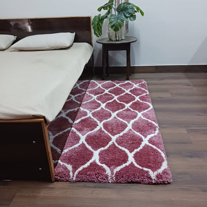 Plush Soft Washable Shaggy Wine Color Carpet With White Moroccan Design /Bedside Runners by Avioni Home