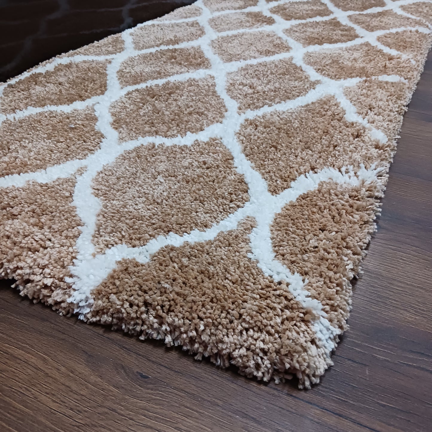 Plush Soft Washable Shaggy Beige Carpet With White Moroccan Design /Bedside Runners by Avioni Home