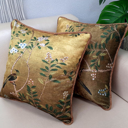 Cushion Cover – Bird on Floral Branch Golden Beautiful Design – Best Price 40cm x 40cm (~16″ x 16″)