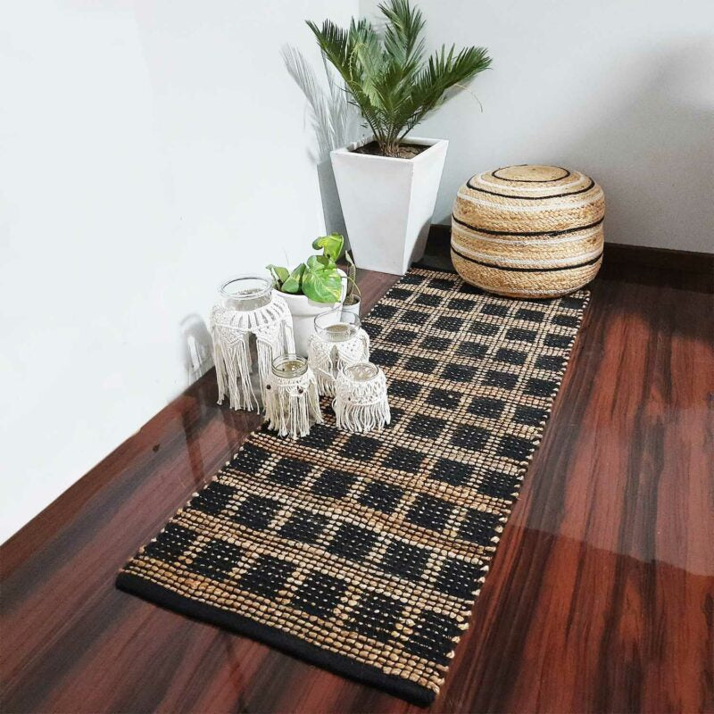 Avioni Home Eco Collection – Cotton & Jute Handwoven Square Pattern Mat – Great for Bedside or Hallway – 55cm x 140cm