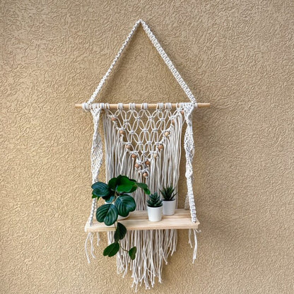 Avioni Home Boho Collection – Hand Knotted Macrame Hanging Shelf With Pine Wood Shelf