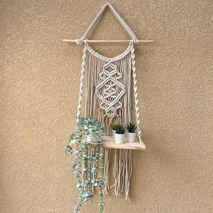 Avioni Home Boho Collection – Hand Knotted Macrame Hanging With Pine Wood Shelf