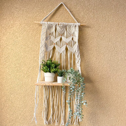 Avioni Home Boho Collection – Hand Knotted Macrame Hanging Shelf With Pine Wood Shelf