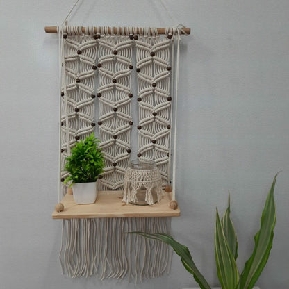 Avioni Home Boho Collection – Hand Knotted Macrame Hanging Single Shelf With Pine Wood Shelf