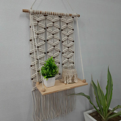 Avioni Home Boho Collection – Hand Knotted Macrame Hanging Single Shelf With Pine Wood Shelf