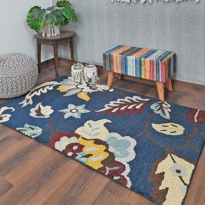 Wool Hand Tufted Beautiful Floral Blue Cozy Carpet | Loop Pile | Avioni -90cm x 150cm (~3×5 Feet)