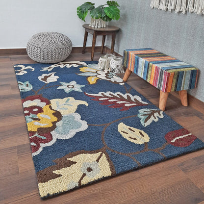 Wool Hand Tufted Beautiful Floral Blue Cozy Carpet | Loop Pile | Avioni -90cm x 150cm (~3×5 Feet)