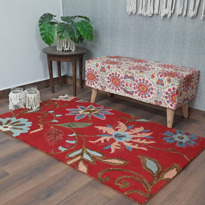 Wool Hand Tufted Beautiful Floral Red Carpet | Loop Pile | Avioni -90cm x 150cm (~3×5 Feet)