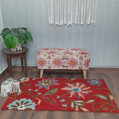 Wool Hand Tufted Beautiful Floral Red Carpet | Loop Pile | Avioni -90cm x 150cm (~3×5 Feet)