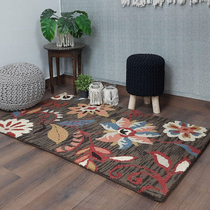 Wool Hand Tufted Beautiful Floral Carpet | Loop Pile | Avioni -90cm x 150cm (~3×5 Feet)