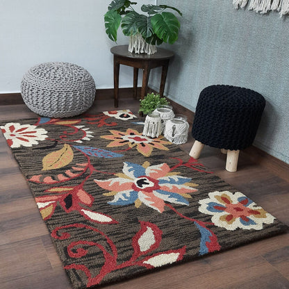 Wool Hand Tufted Beautiful Floral Carpet | Loop Pile | Avioni -90cm x 150cm (~3×5 Feet)