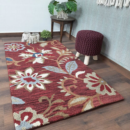 Wool Hand Tufted Beautiful Floral Carpet | Loop Pile | Avioni -90cm x 150cm (~3×5 Feet)