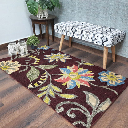 Wool Hand Tufted Beautiful Floral Carpet | Loop Pile | Avioni -90cm x 150cm (~3×5 Feet)