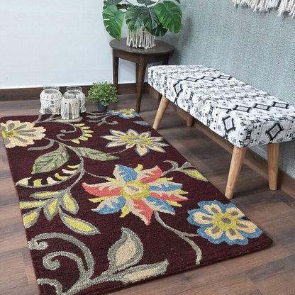 Wool Hand Tufted Beautiful Floral Carpet | Loop Pile | Avioni -90cm x 150cm (~3×5 Feet)