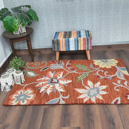 Wool Hand Tufted Floral Beautiful Brown Carpet | Loop Pile | Avioni -90cm x 150cm (~3×5 Feet)