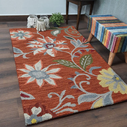 Wool Hand Tufted Floral Beautiful Brown Carpet | Loop Pile | Avioni -90cm x 150cm (~3×5 Feet)