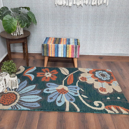 Wool Hand Tufted Floral Beautiful Green Carpet | Loop Pile | Avioni -90cm x 150cm (~3×5 Feet)