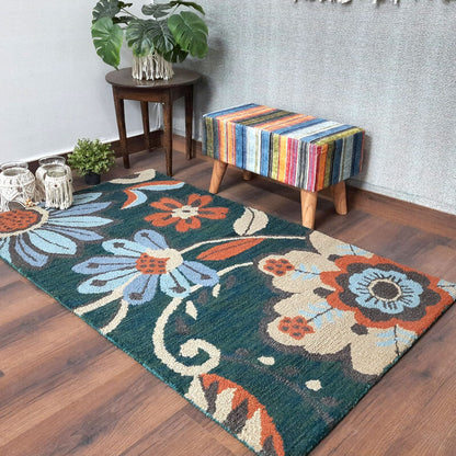 Wool Hand Tufted Floral Beautiful Green Carpet | Loop Pile | Avioni -90cm x 150cm (~3×5 Feet)