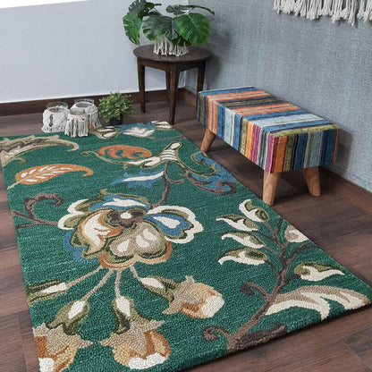 Wool Hand Tufted Floral Beautiful Green Tones Carpet | Loop Pile | Avioni -90cm x 150cm (~3×5 Feet)