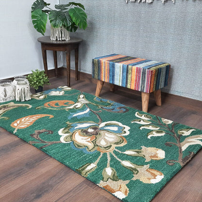 Wool Hand Tufted Floral Beautiful Green Tones Carpet | Loop Pile | Avioni -90cm x 150cm (~3×5 Feet)