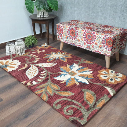 Wool Hand Tufted Floral Beautiful Carpet | Loop Pile | Avioni -90cm x 150cm (~3×5 Feet)