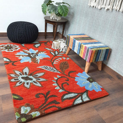 Wool Floral Beautiful Hand Tufted Red Carpet | Loop Pile | Avioni -90cm x 150cm (~3×5 Feet)