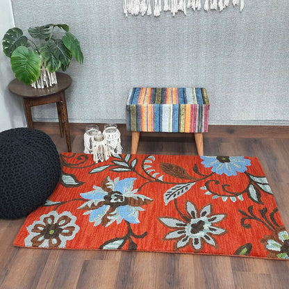 Wool Floral Beautiful Hand Tufted Red Carpet | Loop Pile | Avioni -90cm x 150cm (~3×5 Feet)