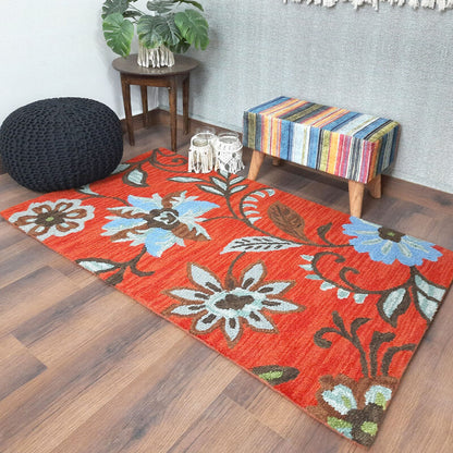 Wool Floral Beautiful Hand Tufted Red Carpet | Loop Pile | Avioni -90cm x 150cm (~3×5 Feet)