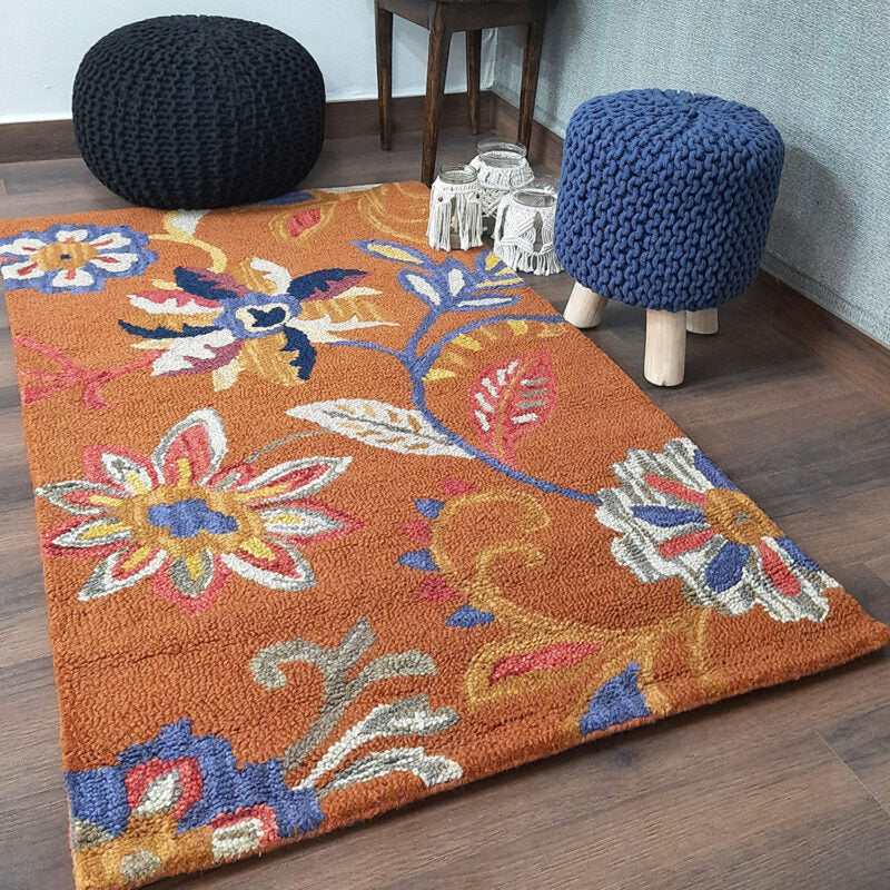 Wool Floral Beautiful Hand Tufted Brown Carpet | Loop Pile | Avioni -90cm x 150cm (~3×5 Feet)