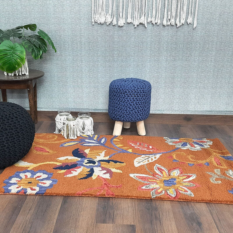 Wool Floral Beautiful Hand Tufted Brown Carpet | Loop Pile | Avioni -90cm x 150cm (~3×5 Feet)