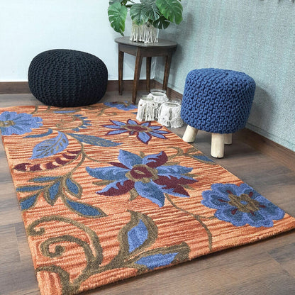 Wool Floral Beautiful Hand Tufted Carpet | Loop Pile | Avioni -90cm x 150cm (~3×5 Feet)