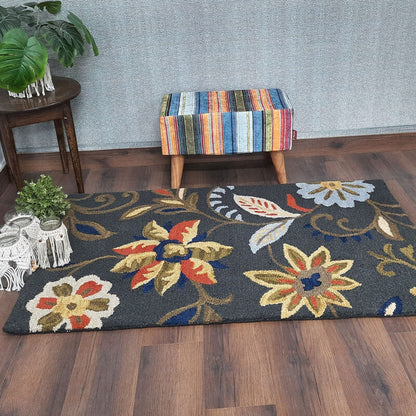 Wool Floral Beautiful Hand Tufted Grey Carpet | Loop Pile | Avioni -90cm x 150cm (~3×5 Feet)