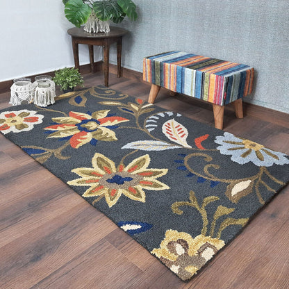 Wool Floral Beautiful Hand Tufted Grey Carpet | Loop Pile | Avioni -90cm x 150cm (~3×5 Feet)