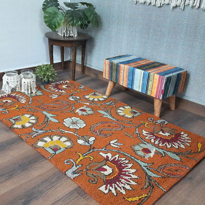 Wool Floral Beautiful Hand Tufted Rust Brown Carpet | Loop Pile | Avioni -90cm x 150cm (~3×5 Feet)