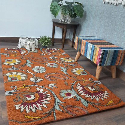 Wool Floral Beautiful Hand Tufted Rust Brown Carpet | Loop Pile | Avioni -90cm x 150cm (~3×5 Feet)